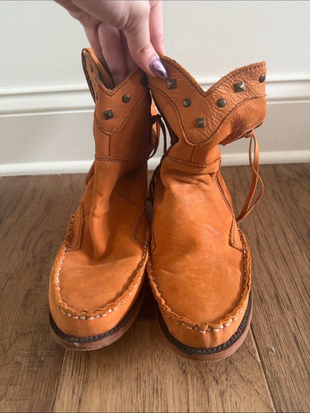 Vintage Orange Leather Studded Slip-On Boots - Picture 2 of 5